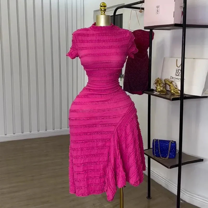 Women Short Sleeve O-neck Big Swing Elastic Dress 2025 Sweet Elegant Sexy Birthday Beach Night Party Vestidos Dresses