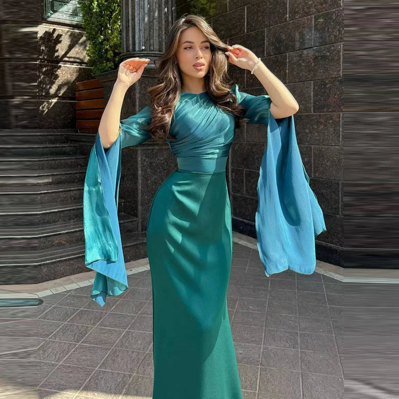 Women's Spring Solid Spliced Satin Maxi Dress Sexy O Neck Slim Bodycon Hip Long Dress Summer Batwing Sleeve Hollow Evening Dress