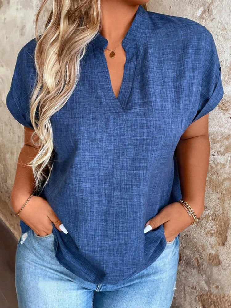Stylish and Elegant Latest Spring and Summer Women's Top with a Notched V-Neck and Batwing Sleeves