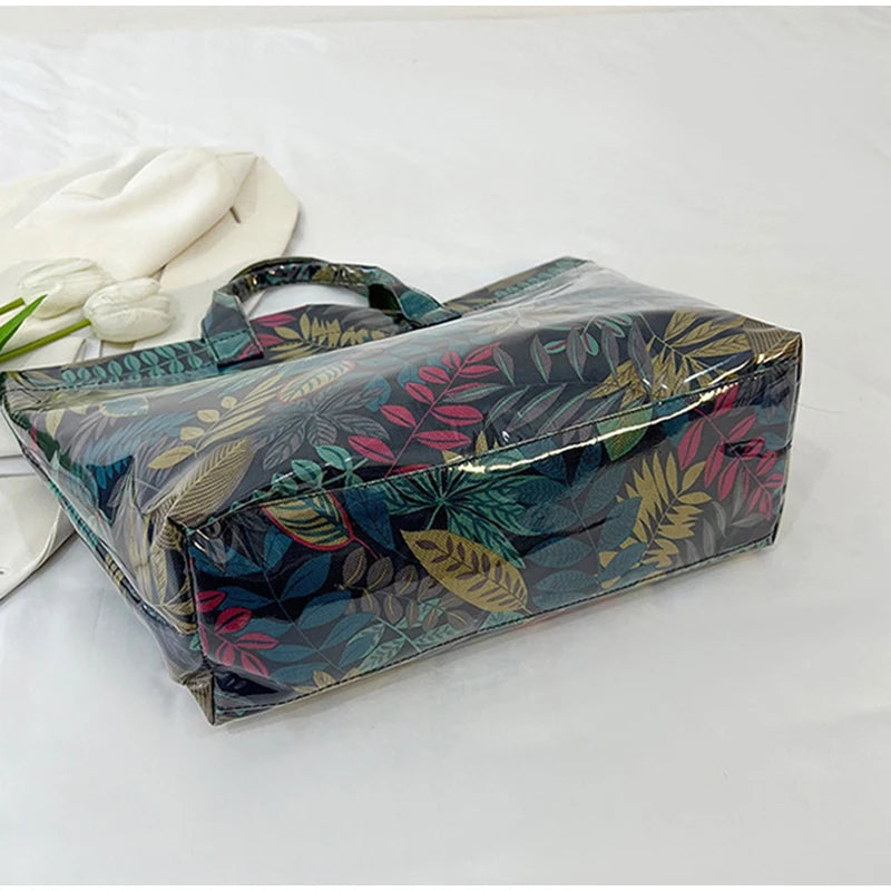 Leaf Print Handbag Pvc Fashion Transparent Waterproof Fashion High-end Shoulder Bag Large Capacity Commuter Tote Bag Shop Bag