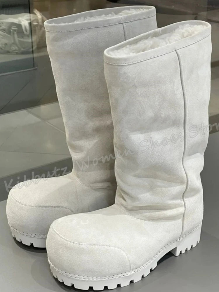 Suede Warm Winter Snow Boots Knee High Big Round Toe Flat With Outdoor Fashion Concise Luxury Sexy Novelty Slip-On Shoes Newest