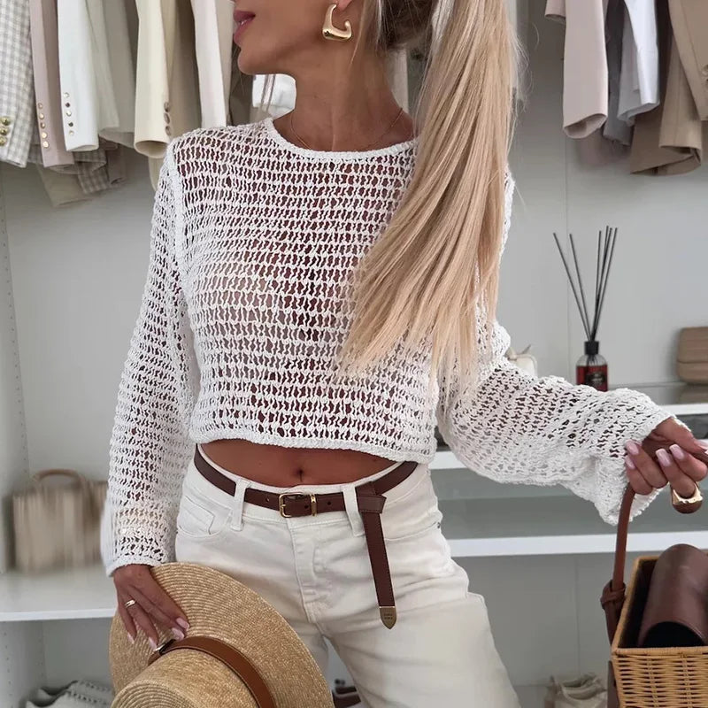 New Summer Beach Holiday Sunscreen Cover Up Blouses Sexy Long Sleeved Solid Pullover Casual O Neck Hollow Out Knitted Slim Tops