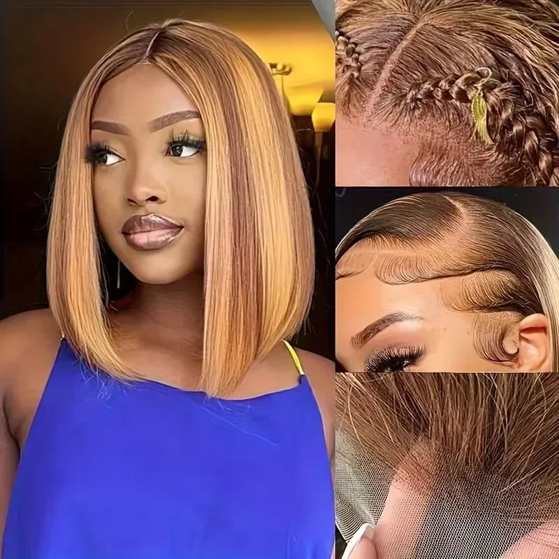 200% Density Short Bob Wigs Highlight Straight Lace Front Wigs Blonde 13x4 Transparent Lace Front Wig 100% Human Hair 427#16Inc