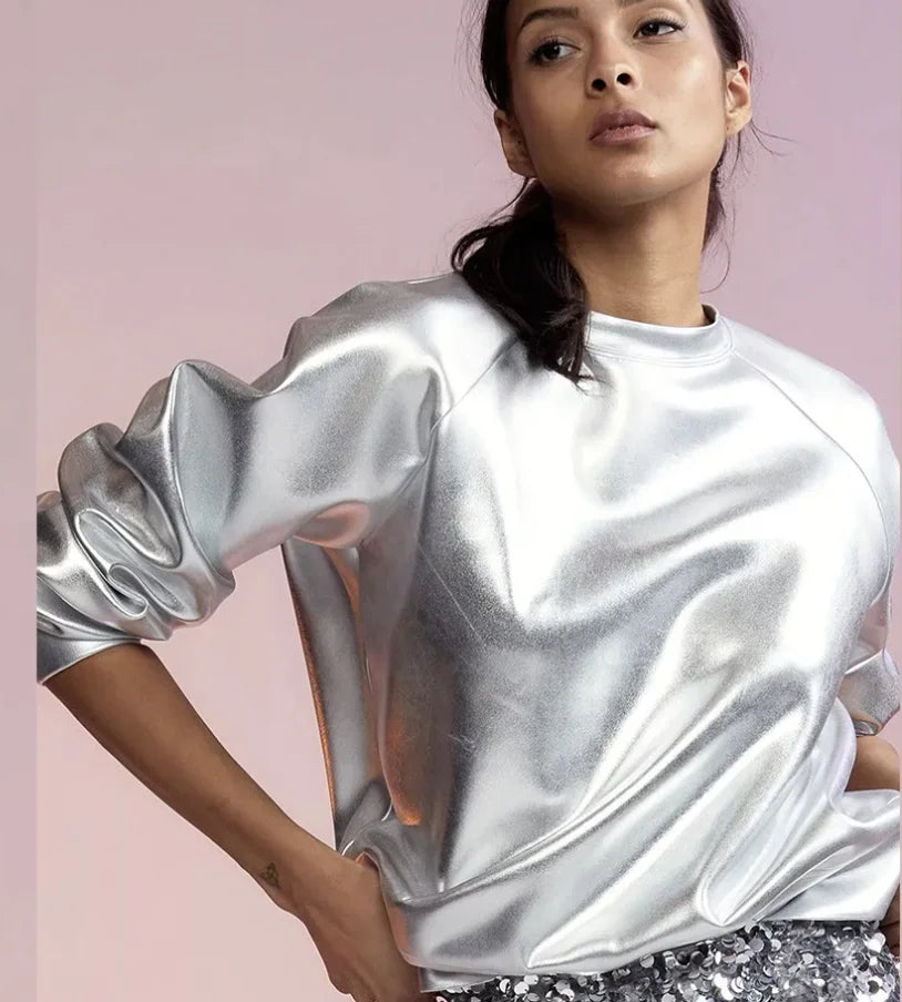 2024 New Autumn Women's Pullover Sweatshirt Silver Simple Casual Shirt Streertwear Female Long Sleeves Tops T-shirts