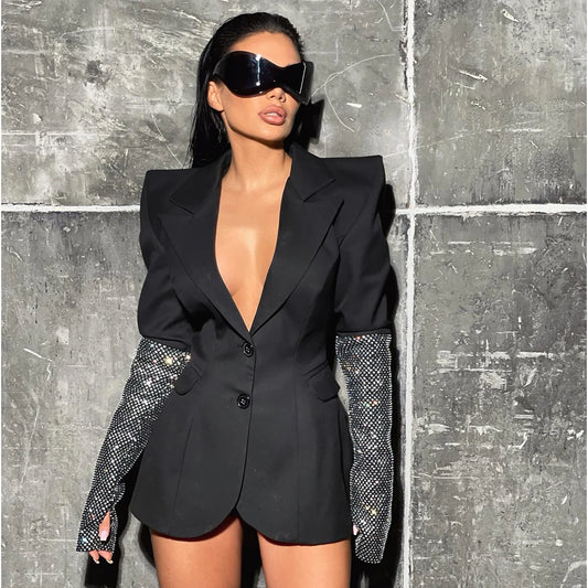Women Horn-Shoulder Suit Deep V-Neck Slim Mini Skirt Cuff Splicing Single Breasted Sexy Dress Workplace High-Rise Commuter Wear