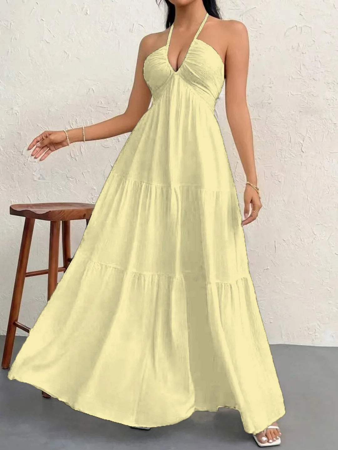 Summer 2026 Women's Trendy Deep V Shoulder Bohemian Style Dress with Belt for Wedding Festival Party Casual Wear