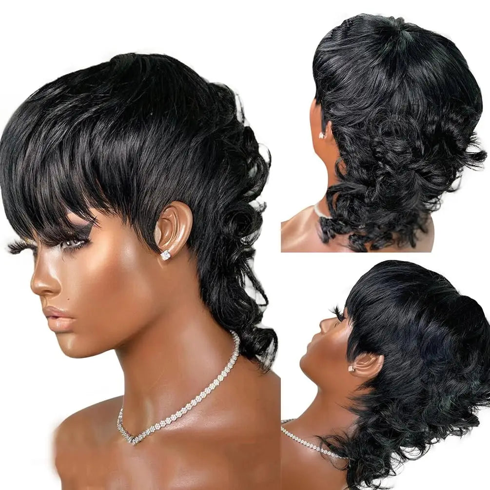 Wear And Go Pixie Cut Wig Short Loose Wave Glueless No Lace Wigs For Women Full Machine Made Wig With Bangs Mullet Style 180% D