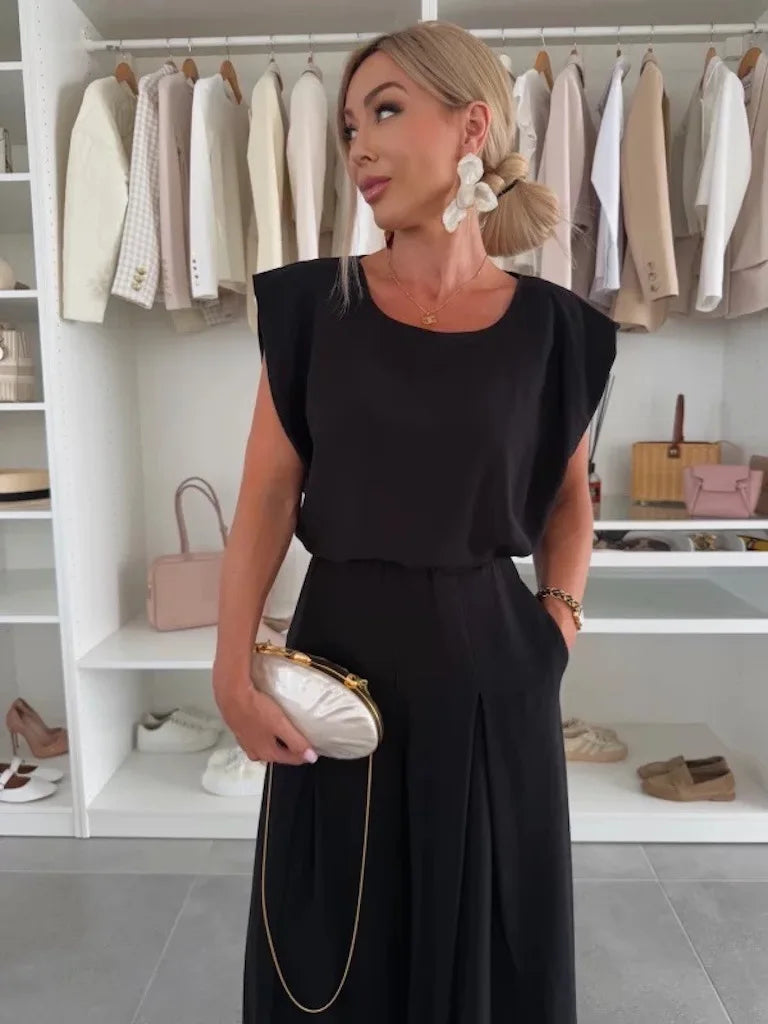 Women's Casual 2-Piece Set Crew Neck Sleeveless Top Wide Leg Pants Set Summer Casual Loungewear Outfit for Travel Vacation
