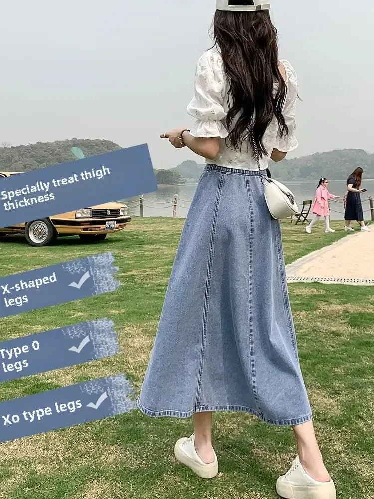 Fashionable Spring Medium-Length High-Waisted Jeans Long Dress Women's Elastic Waist A- Line Skirt Umbrella Skirt