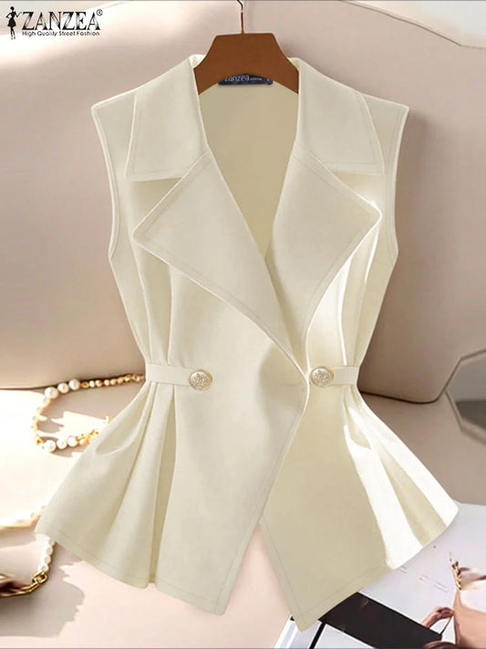 ZANZEA Elegant Women Sleeveless Blazer Fashion Lapel Neck Sashes Vest Tops 2025 Summer Lightweight Office Wear Commuting Tops