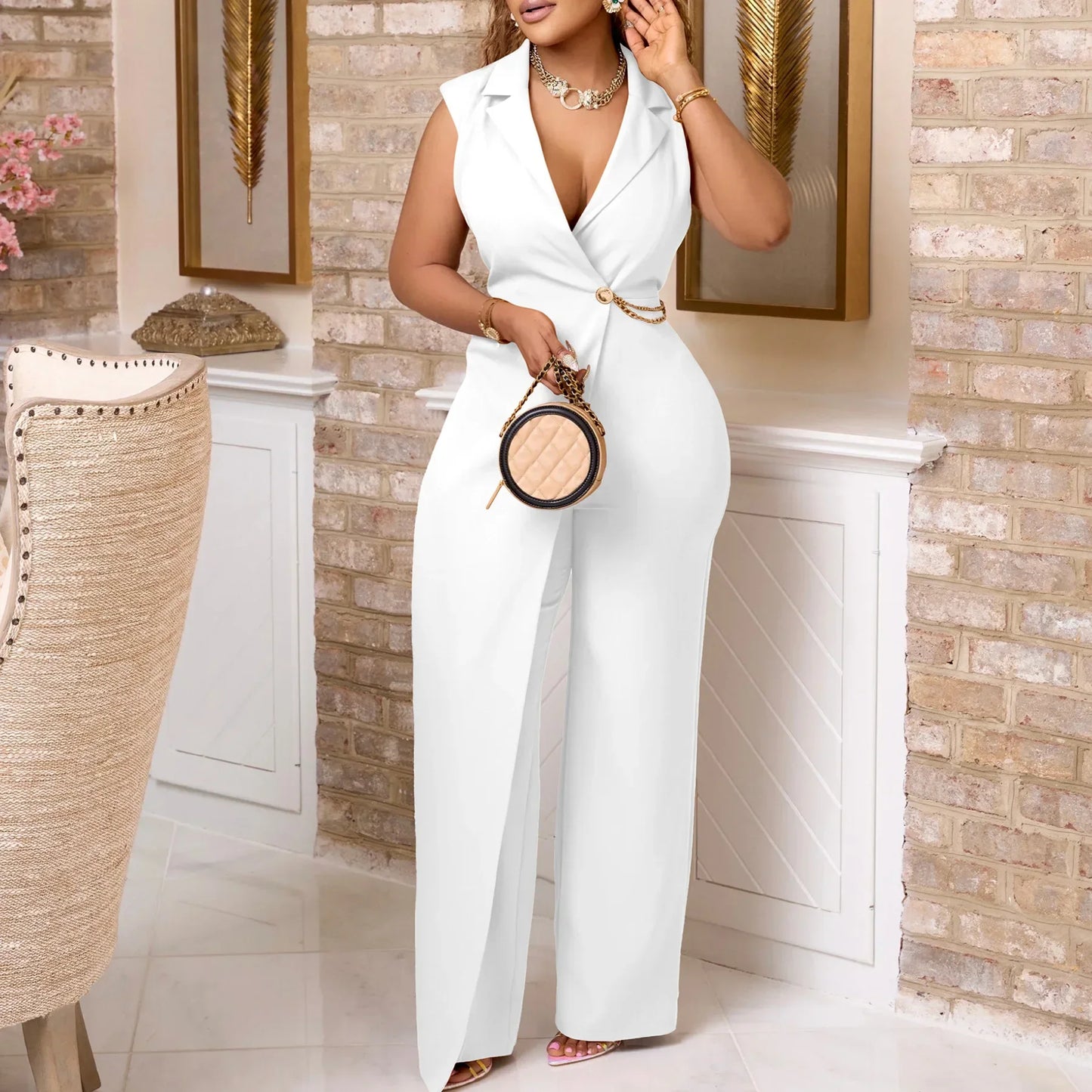 CM.YAYA Women Wide Leg V-Neck Sleeveless Jumpsuits Waist Chain 2024 Summer OL Beach Night Club Playsuit One Piece Suit Romper