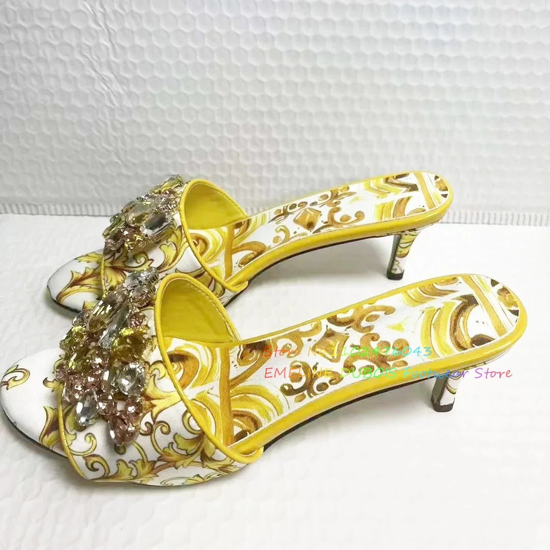 Flower Print Crystal High Heel Mules Women Open Toe Rhinestone Stiletto Heel Med Heel Slippers Elegant Outside Dress Shoes