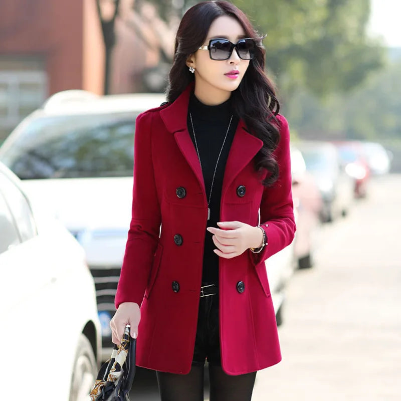 Autumn Winter Women Double Breasted Woolen Coat Solid Color Lapel Slim Fit Short Ladies Wool Jacket S-3XL
