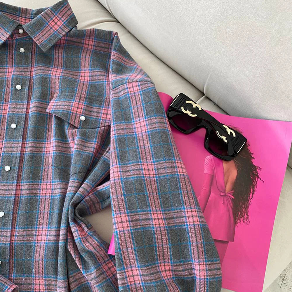 FSMG-Versatile Plaid Shirt For Women, Red Bright Grid, Oversized Blouse, Leisure And Fashionable Top, Spring And Autumn Seasons