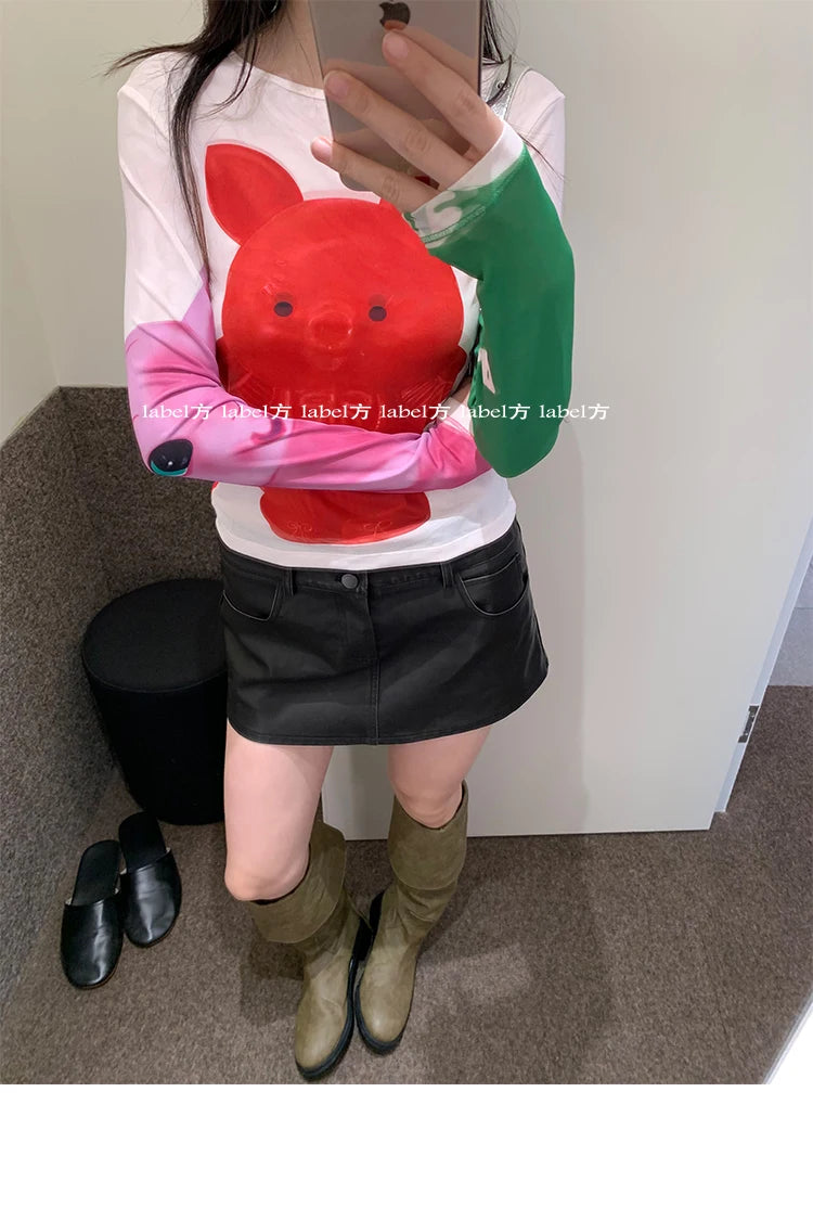 Karrram Y2k Aesthetics Mesh Tops Japanese Harajuku Cartoon Print T-shirt 2000s Vintage Cute T Shirt Korean Style Dopamine Tops
