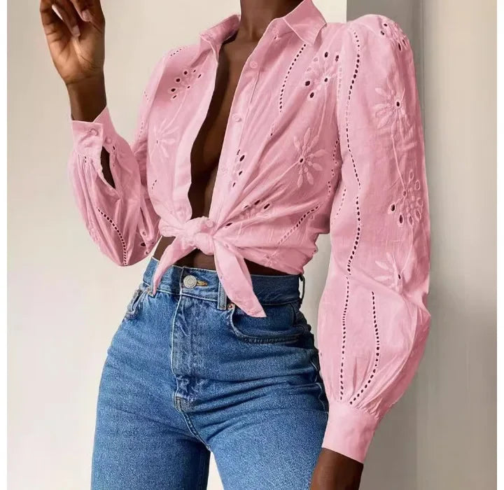 Sexy Pink Women Tops Single Breasted Solid Color Long Sleeved Collar Cardigan Shirt for Female Streetwear 2024 Autumn/Winter New