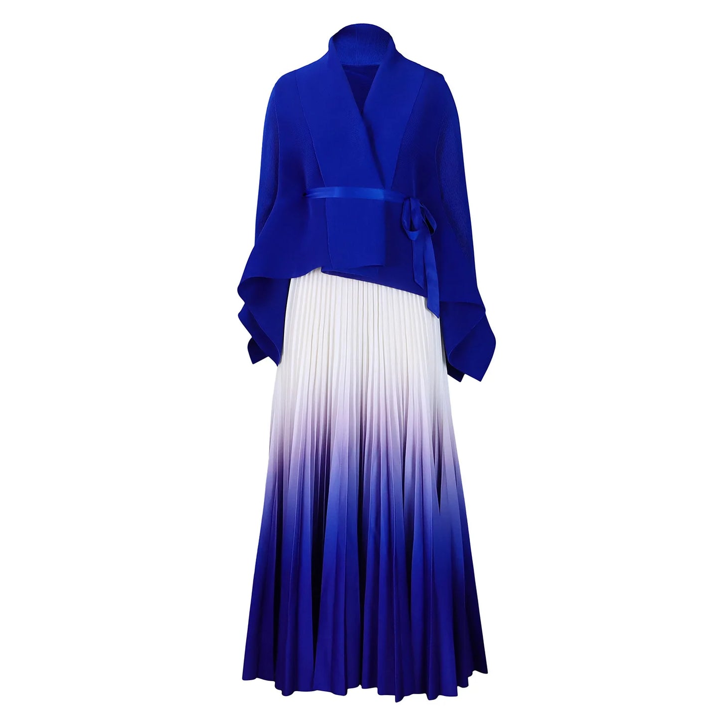CM.YAYA Gradient Women's Set Full Sleeve Belt Blouse Shirt +Pleated Long Skirts Suit Street Two 2 Piece Set Outfit Tracksuit