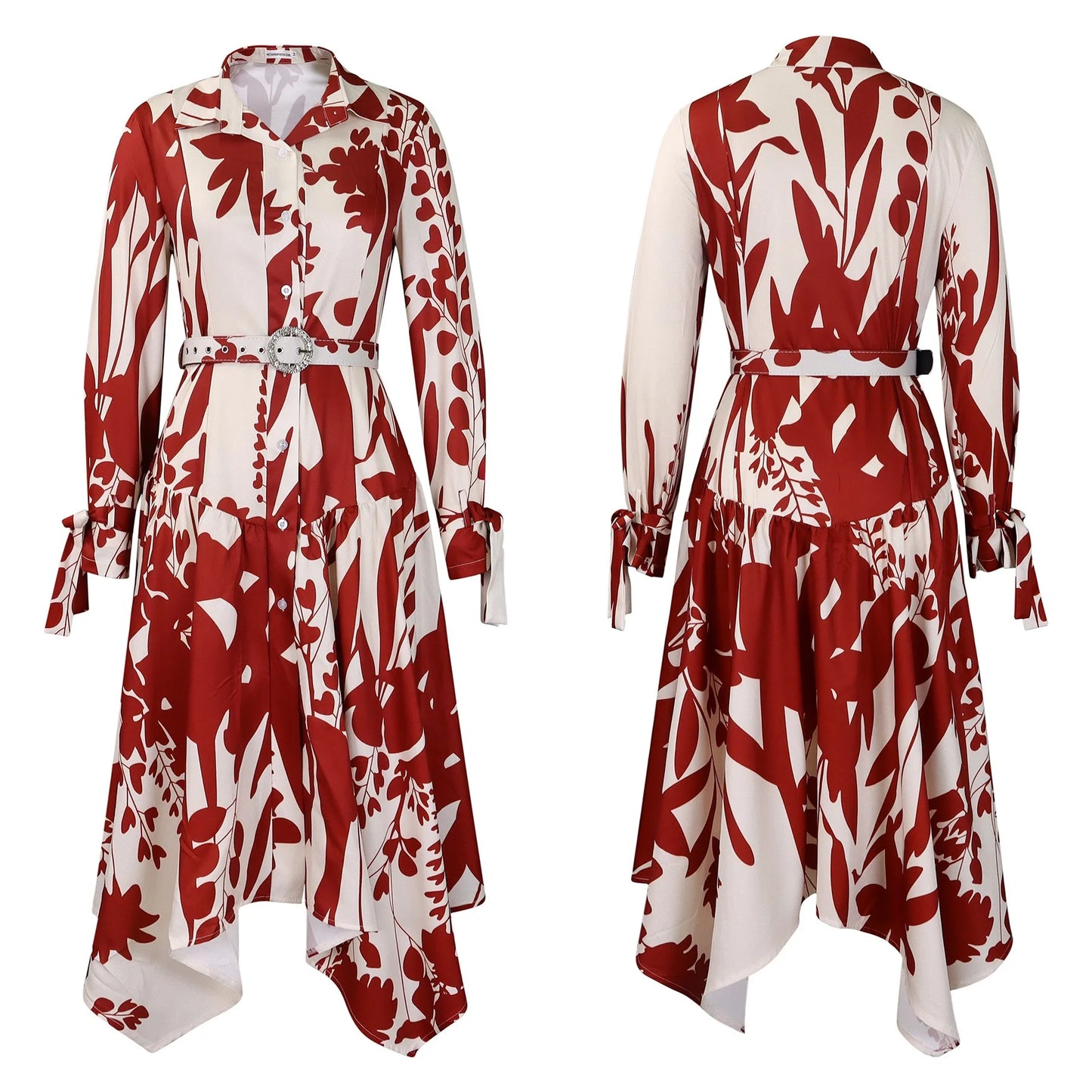 Elegant Printed Dresses Woman 2024 Turn Down Collar Single Breasted Full Sleeve Asymmetric Ankle Length Fashion Birthday Dress