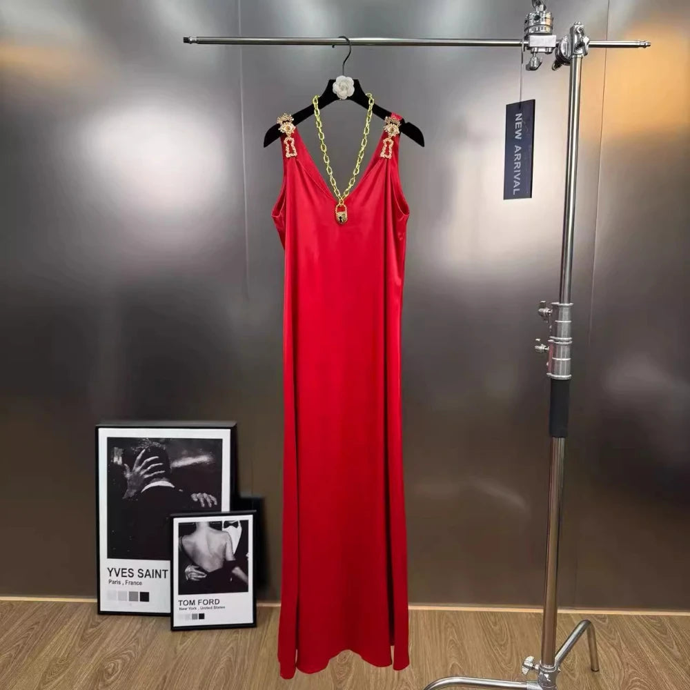VGH Minimalist Spliced Chain Long Sundresses for Women V Neck Sleeveless High Waist Patchwork Metal Buckles Dress Female Summer