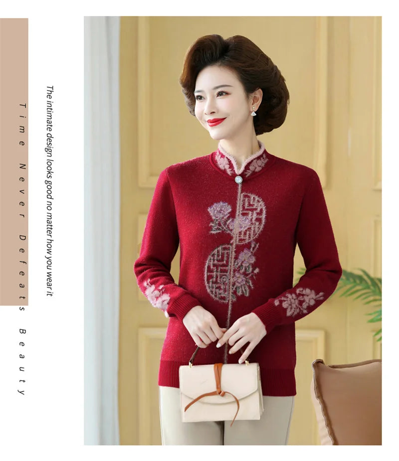 2025 Autumn New Mom's Velvet And Warm Knitted Embroidered Bottom Shirts Imitation Mink Fleece Winter Inner Plsh Thick Pullover