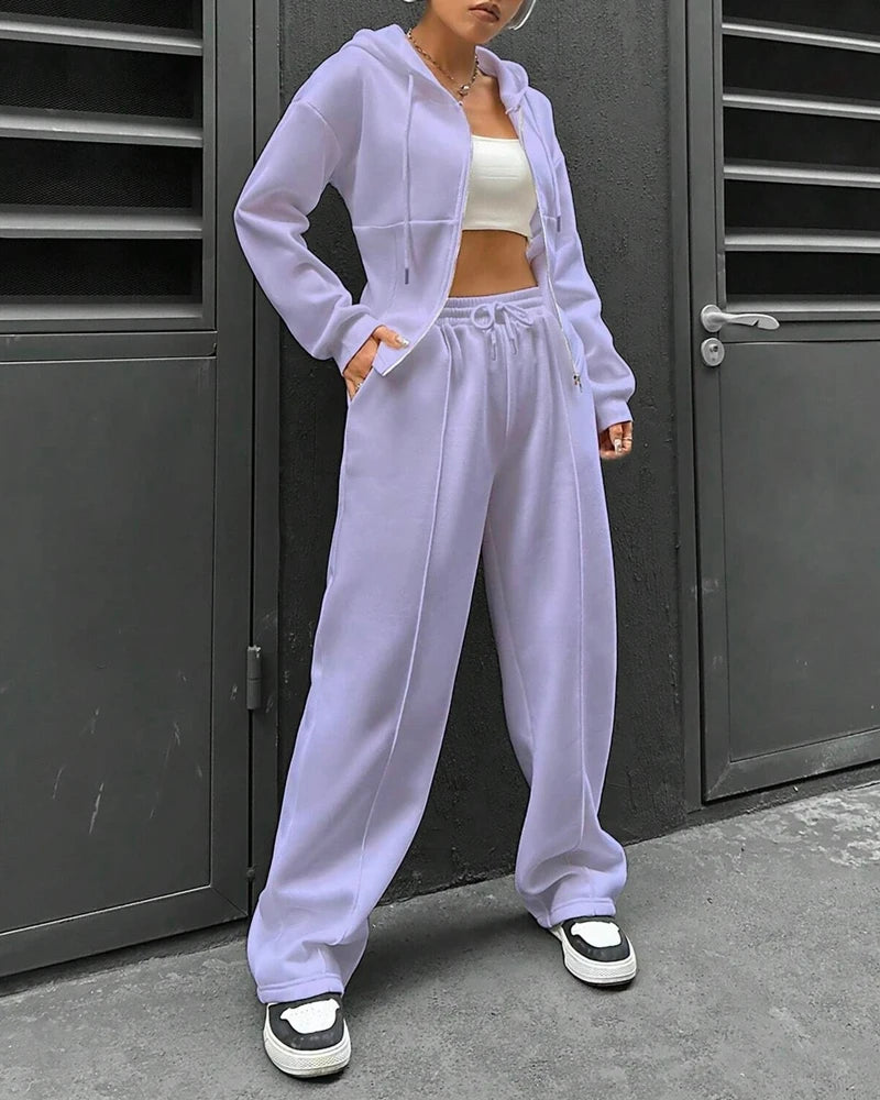 2 Pieces Pants Set Long Sleeve Zip Fly Slim Fit Hooded Top and Casual Wide Leg Pants Set