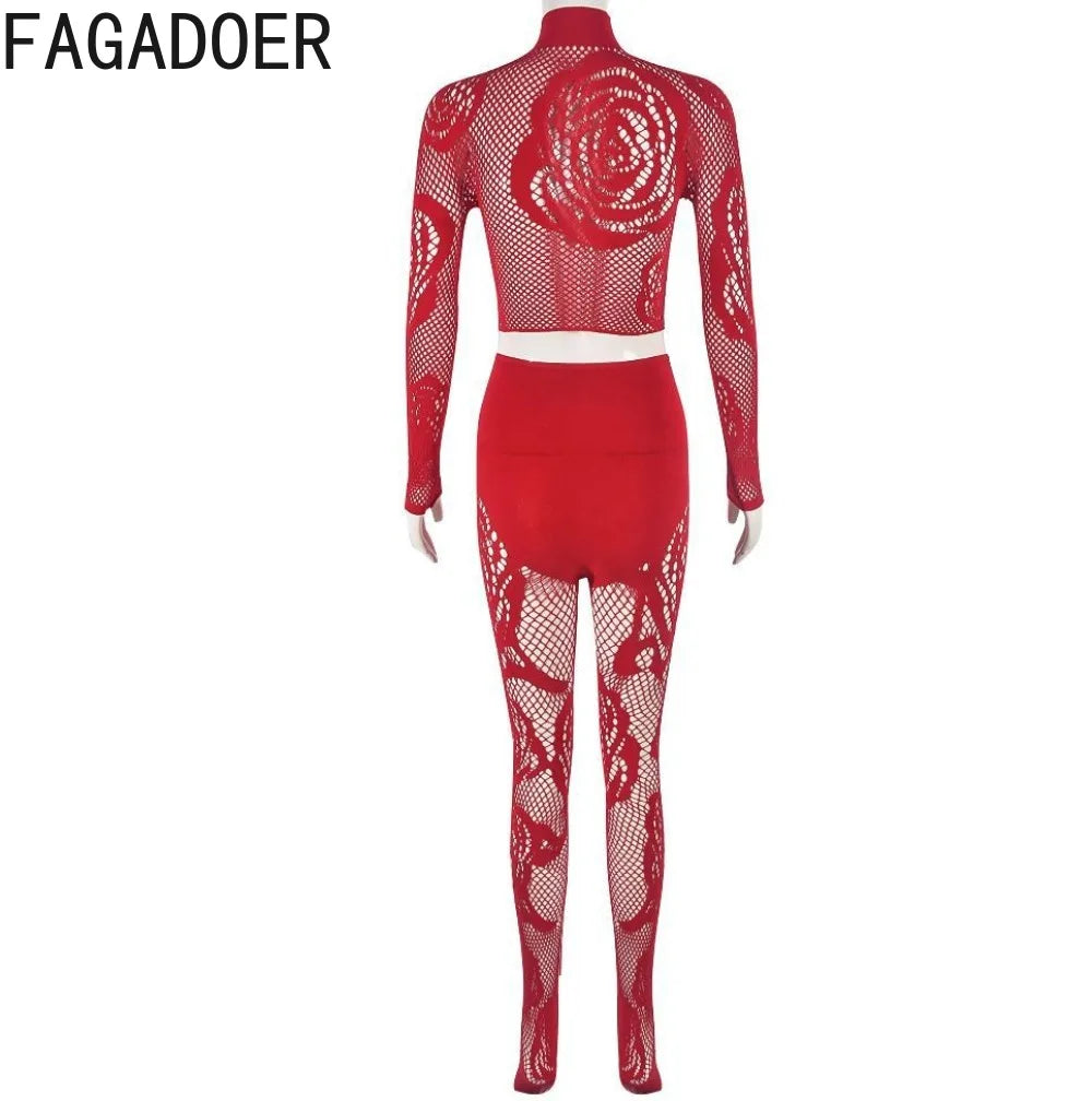 FAGADOER Sexy Lace 2 Piece Set Women Outfit Mesh See Though Long Sleeve Crop Top + Pants Suit Fashion Female Streetwear Overalls