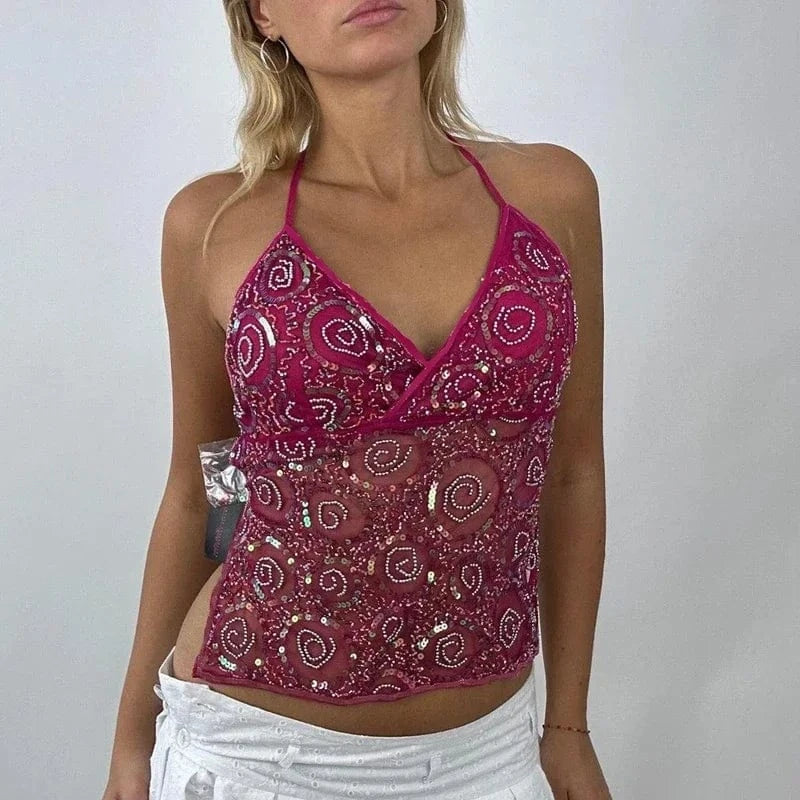 hirigin Women Sequin Halter Top Sexy Sleeveless Deep V Neck Glitter Tank Top Sparkle Backless Crop Top Summer Streetwear