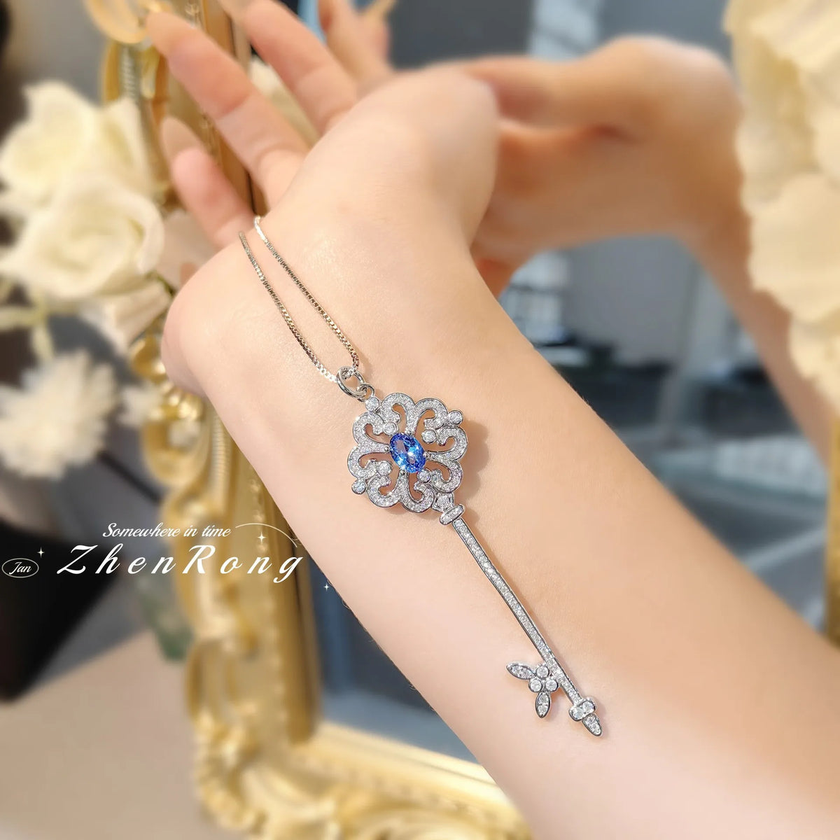 Silver Tone Key Shape Zirconia Pendant Necklace for Women