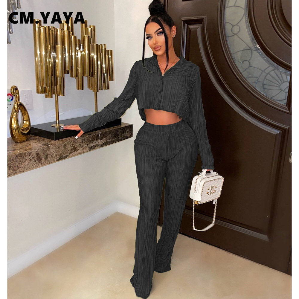 CM.YAYA Street Pleated Women's Set Long Sleeve Mini Blouse Shirt and Straight Pants Suit 2023 Two 2 Piece Set Outfits Tracksuit
