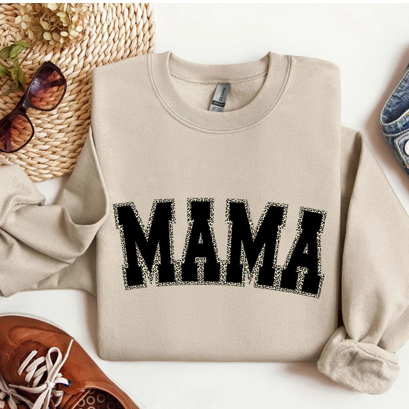 Mothers Day Gift for New Mom Autumn Sweatshirt Wildflowers Leopard Mama Retro Crewneck Sweater Cute Bow Mama Cartoon Sweatshirts