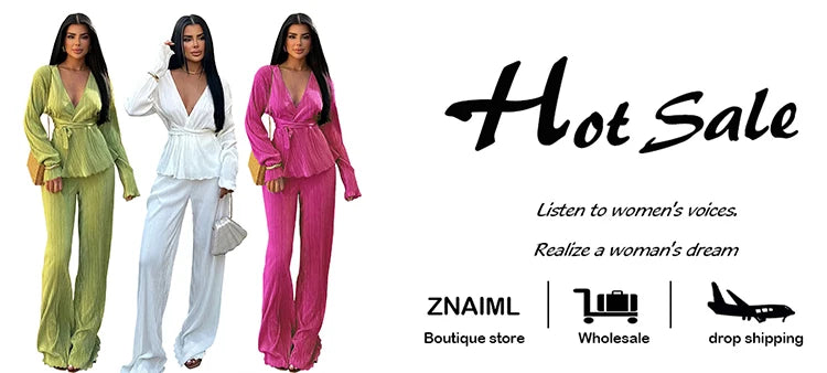 Znaiml Elegant Pleated Two 2 Piece Sets Women Full Sleeve V-neck Belt Tops and Wide Leg Pants Office Lady Outfits Vacation Suits