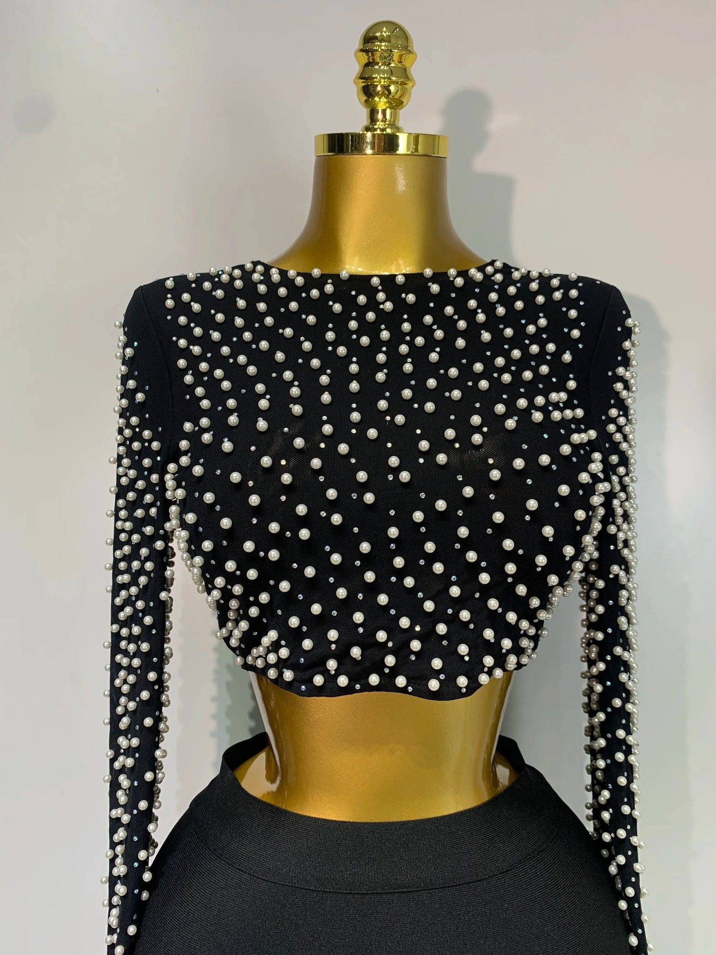 Women Sexy Long Sleeve Mesh Pearl Top Celebrity Midi Women Bandage Set 2025 Designer Evening Party Luxury Birthday Two Piece Set