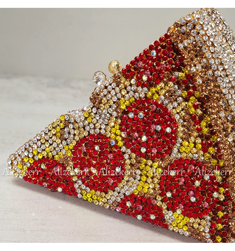 Alizekerr Pizza Shaped Diamond Evening Clutch Bags 2024 New Gorgeous Unique Metallic Watermelon Rhinestone Purses Wedding Party