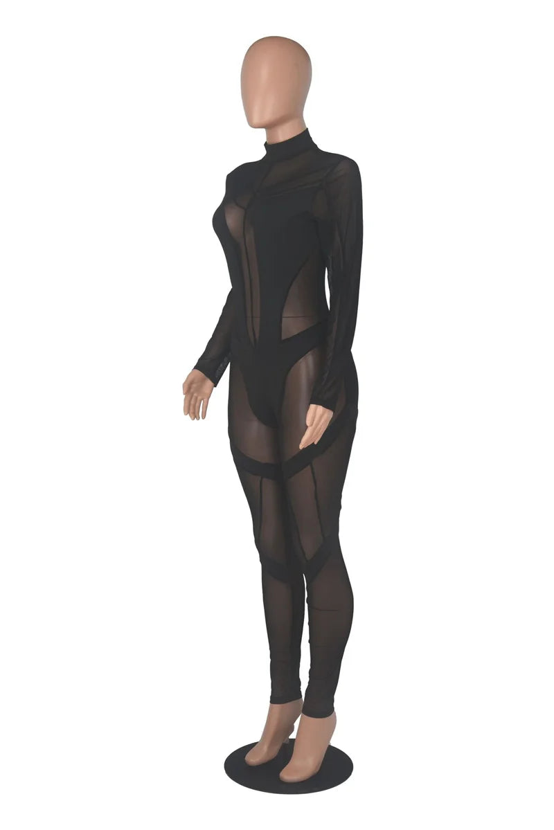 Sexy Sheer Mesh Jumpsuits Women Party Club Outfits Skinny Patchwork Long Sleeve See Through Rompers Womens Jumpsuit Midnight