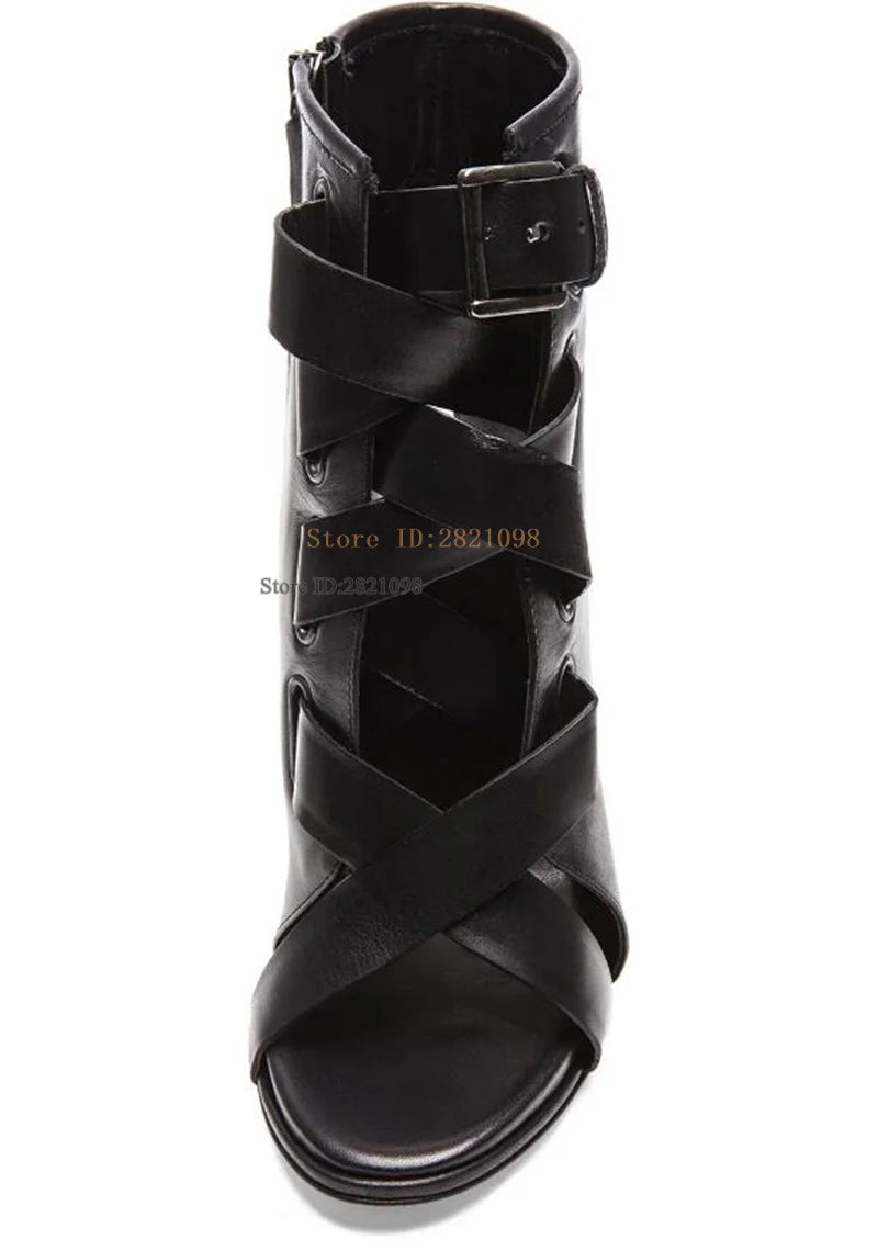 Strappy Buckle Peep Toe Leather Stiletto Booties for Women