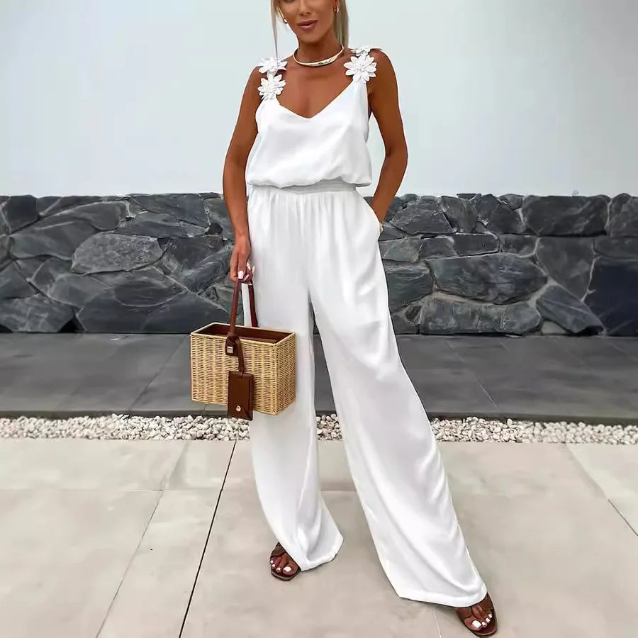 2024 Ladies Off Shoulder Sleeveless Jumpsuit Summer Women Casual Solid Rompers Streetwear Long Playsuits Overalls With Pockets
