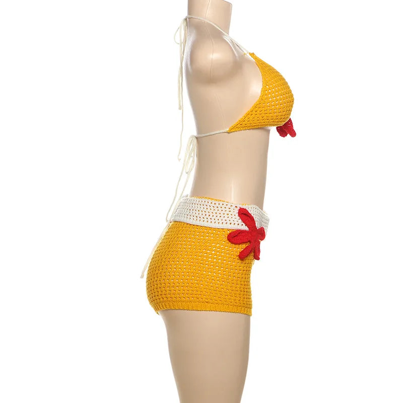 Joskaa 3D Flower Knit Beach Style 2 Piece Sets Women Sexy Halter Bra and Patchwork Shorts Matching 2025 Summer Holiday Outfits