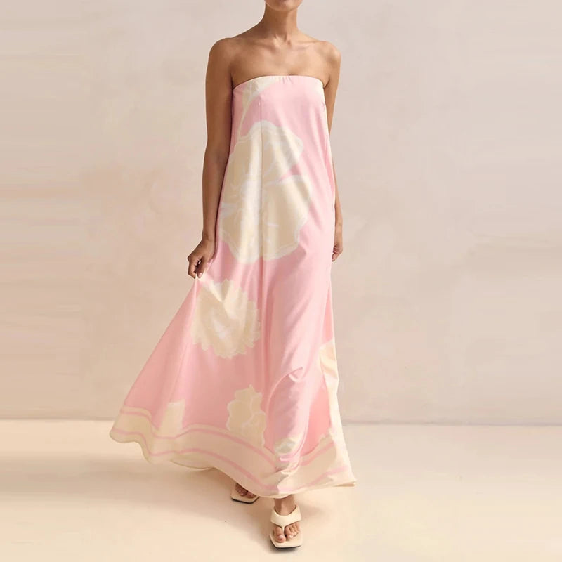 Casual Off Shoulder High Waist Loose Long Dress Backless Printed Holiday Women Dresses Summer Sexy Strapless Pleated Beach Dress