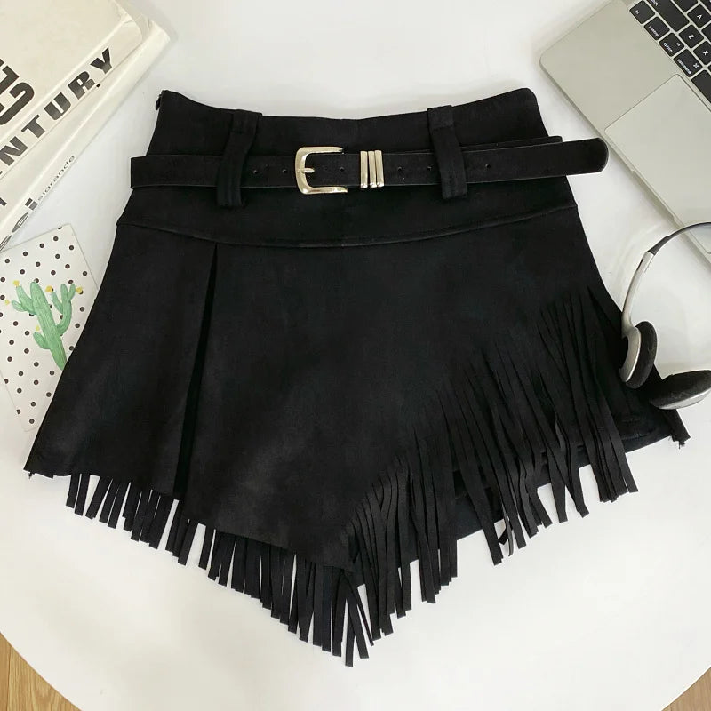 Tassel Detail Faux Suede Shorts