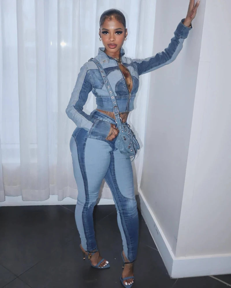Fashion Two Tone Washed Denim Moto Jacket and Pants 2 Pieces Set for 2025 Fall Woman Casual Jeans 2piece Sets Outfits Streetwear