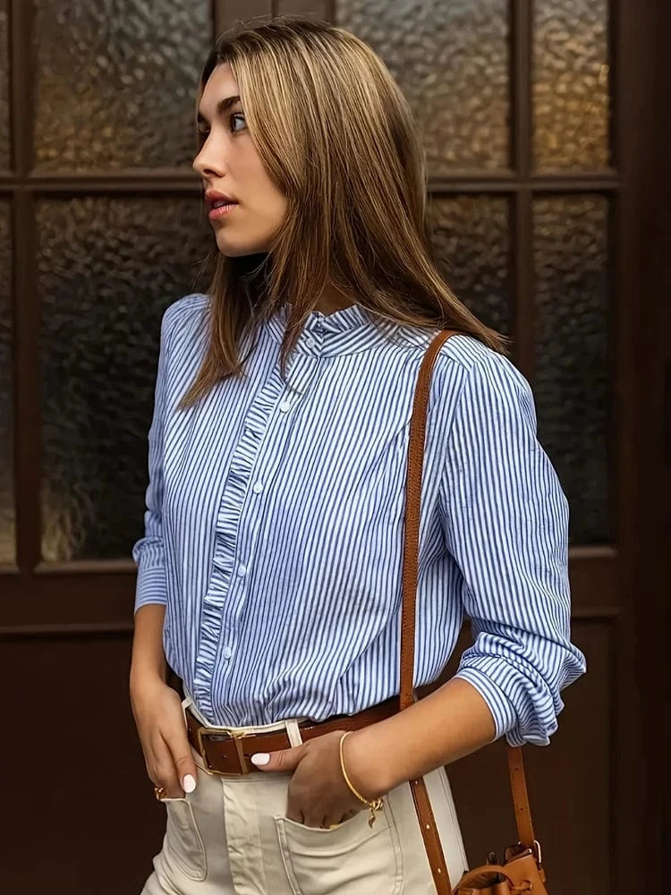 Plus Size Women's 2025 New Women's Blue Striped Shirt Basic Comfortable Versatile Temperament Long Sleeve Shirt