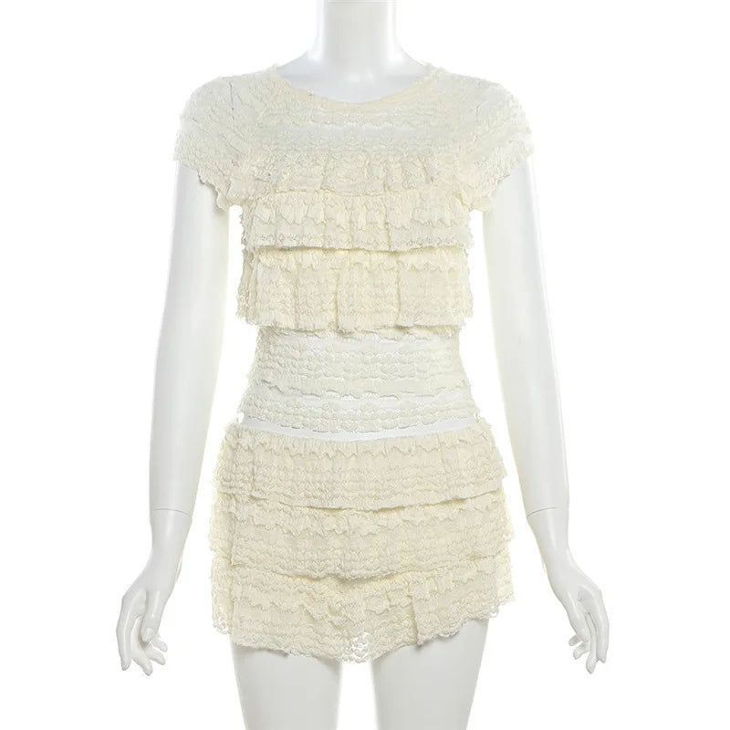 Two Piece Women Crop Top And Mini Skirt Matching Set 2024 New Summer Fashion Sexy White Lace Ruffle Ruched Skirts Outfits