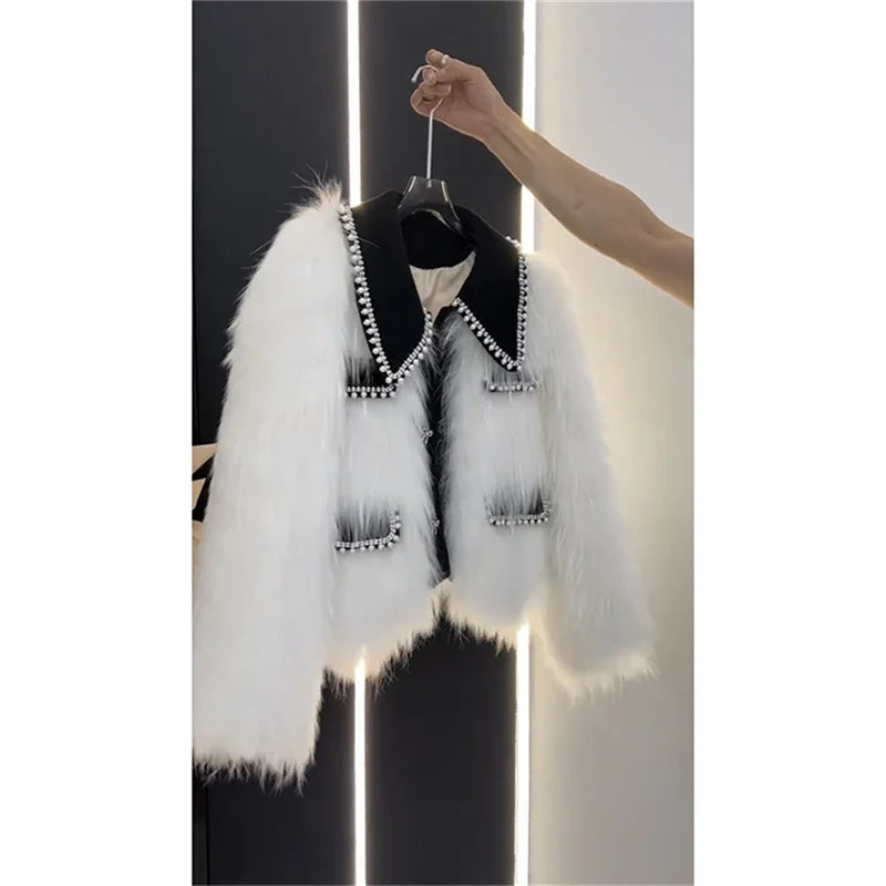 High end Heavy Industry Nail Bead Imitation Fox Fur Grass Coat for Women's Autumn and Winter 2024 New Unique Warm Top Jackets