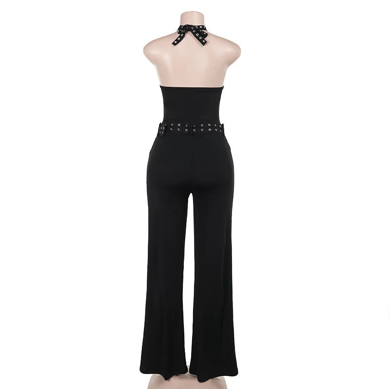 Sexy Halter Backless Black Jumpsuit Woman Elegant Sleeveless Lace-up Hollow Out Bandage One Pieces Romper Night Club Outfit