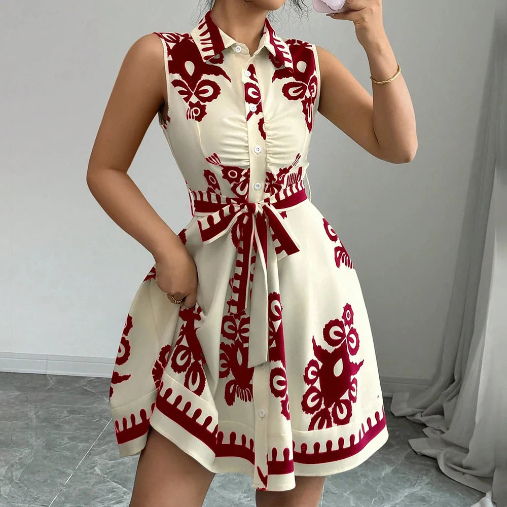 Plus Size Womens Printed Sleeveless Buttons A-Line Shirts Dress Summer Ladies Turn Down Collar Casual Holiday Sundress SizeS-2XL