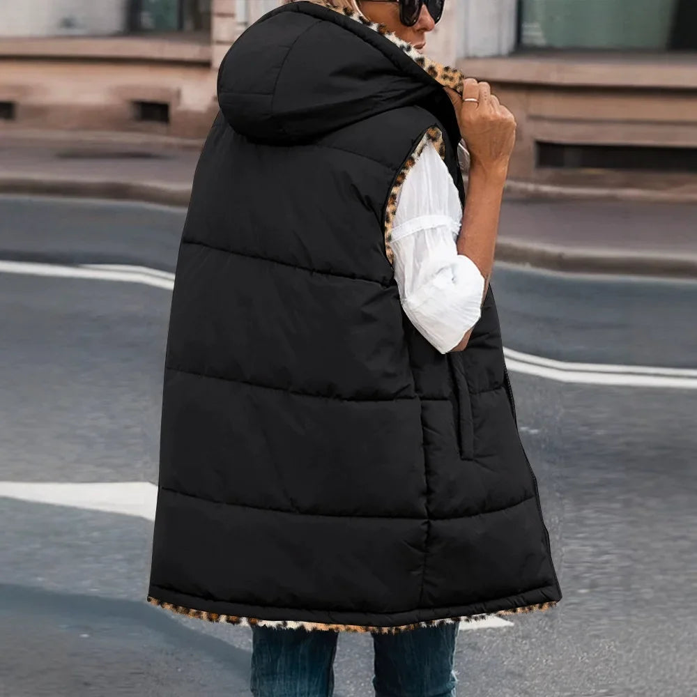 Zip Up Jacket Women VestSleeveless Latest Leopard Pattern Hoodie Pockets Long Warm Winter Coat Streetwear 2025 Autumn Winter