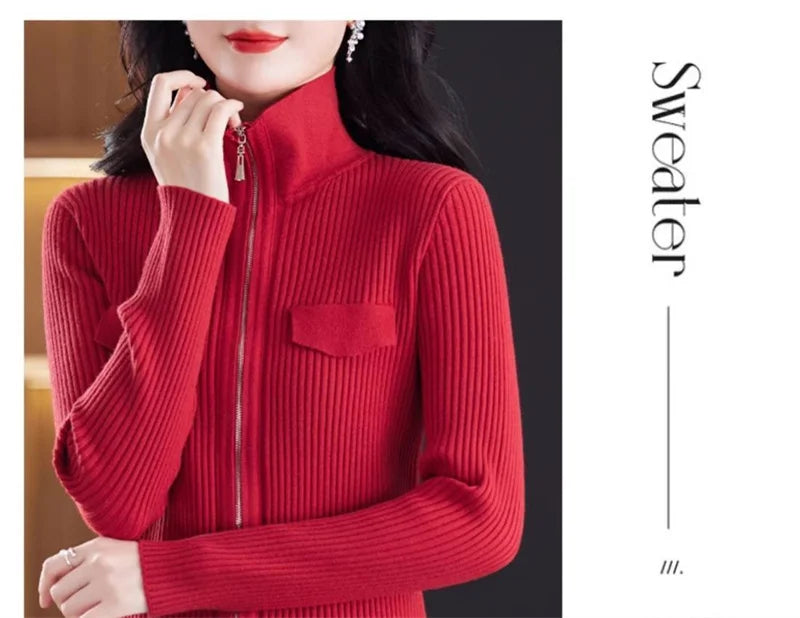 Fashion Zipper Short Knitted Cardigan Sweater 2025 Spring Autumn New Korean Versatile Coat Top Turn-Down Col Sweater Solid Color