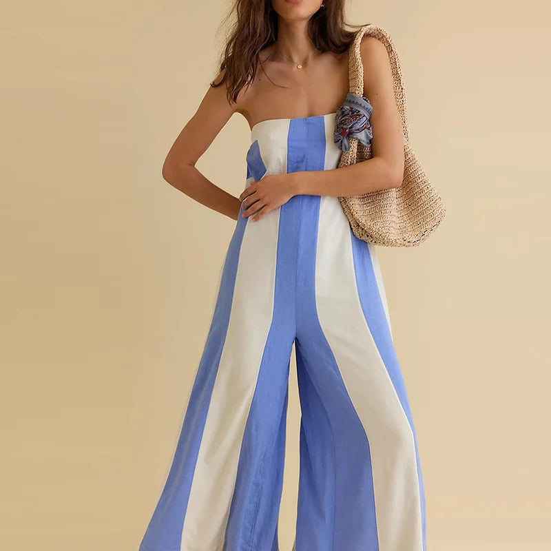 Summer Beach Hollowed Out Backless Long Pants Playsuit Bohemian Commuting Rompers Casual Striped Printed Off Shoulder Jumpsuit