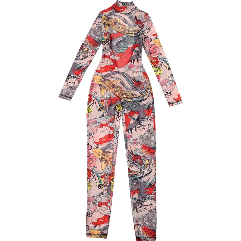 Joskaa Colorful Print Mesh Backless Jumpsuit Women Sexy See Through Full Sleeve Skinny Overalls 2025 Coquette Midnight Clubwear