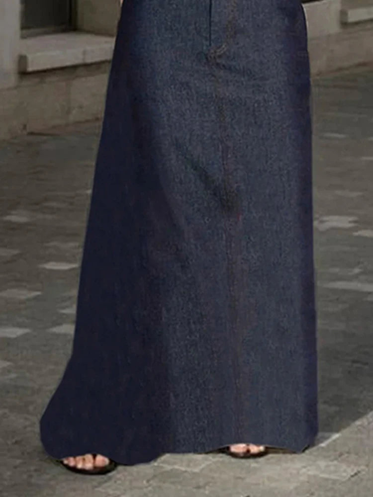 2025 New Fashion Imitation Denim H-Line High Waist Skirts Spring Summer Loose Solid Color Pockets Maxi Skirt For Women